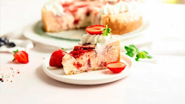 Creamy Cheesecake with Strawberry Sauce in English