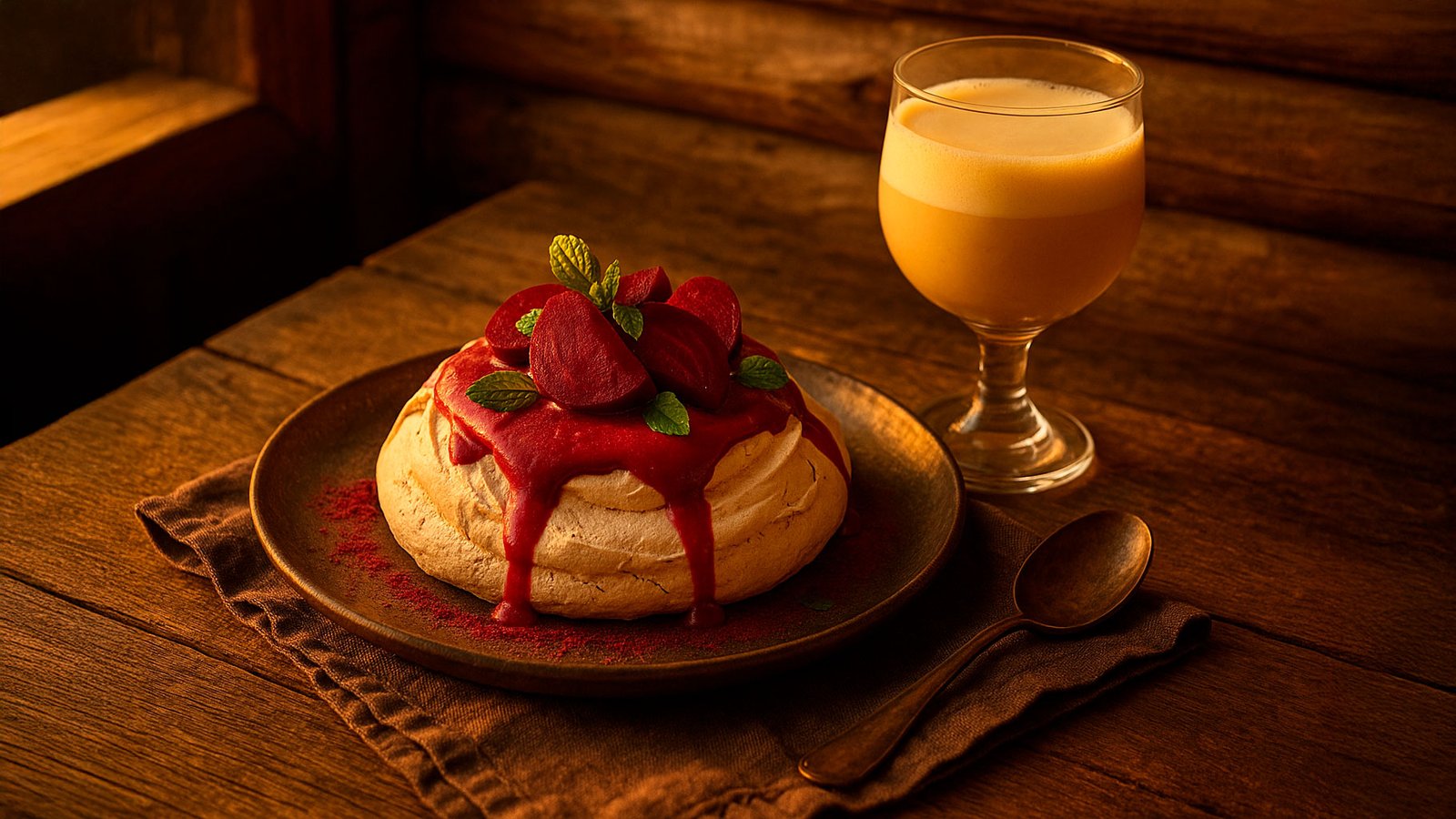 Zabaglione de Cachaça com Pavlova de Beterraba